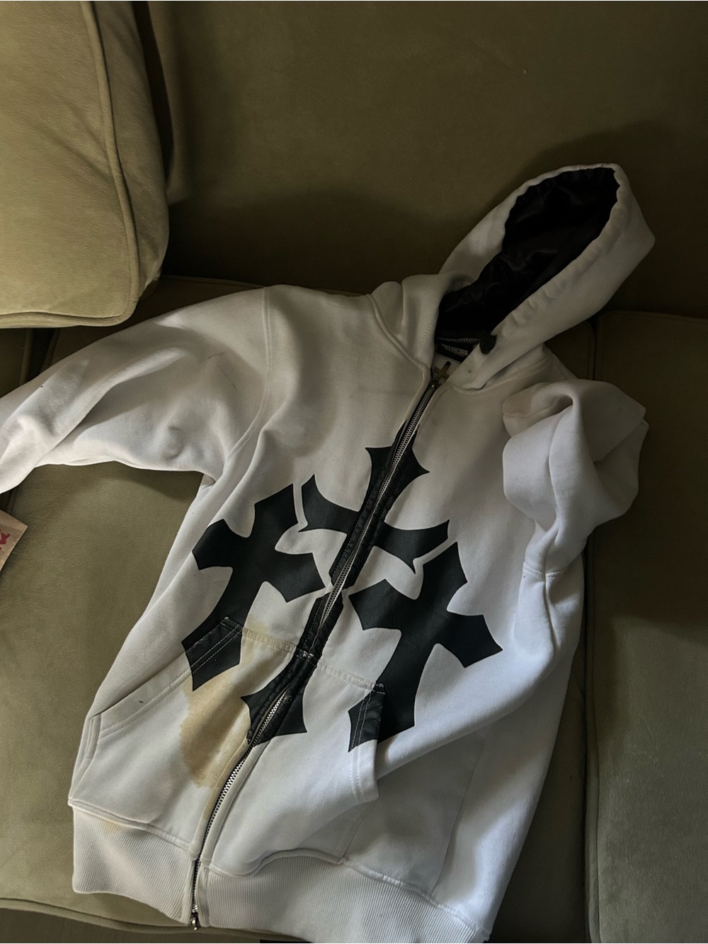 White hoodie zip up christian merch with stain